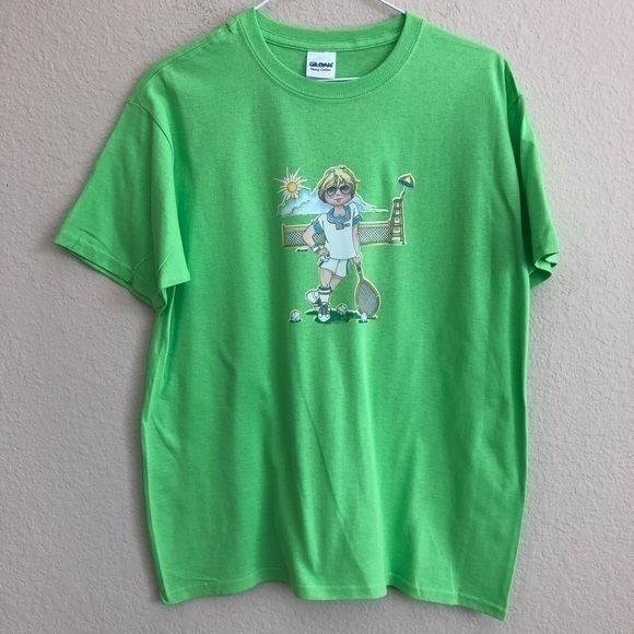 Vintage 1980s Tennis Player Racket Iron-On On New Green Short Sleeve T-Shirt Tee
